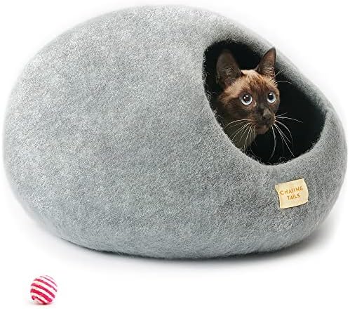 Chasing Tails Handcrafted Cat Cave Bed - New Zealand Wool Eco-Friendly Cat Beds for Indoor Cats Cave, Cat Houses for Indoor Cats, Cat Bed Cave, Comes with Cardboard Cat House Indoor, Kitten Bed