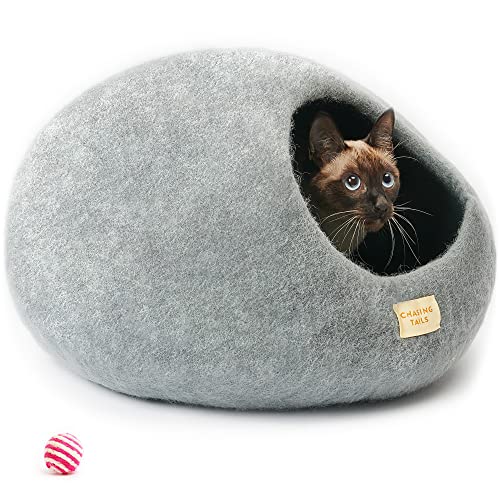 Chasing Tails Handcrafted Cat Cave Bed - New Zealand Wool Eco-Friendly Cat Beds For Indoor Cats Cave, Cat Houses For Indoor Cats, Cat Bed Cave, Comes With Cardboard Cat House Indoor, Kitten Bed #TOP10