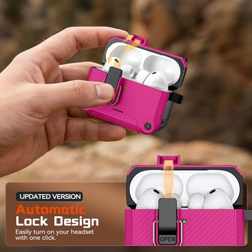 Image of Inesore for AirPods Pro 3 Case with Secure Lock (Rose red) | Phone Stand Design,Compatible with MagSafe,Automatic Snap Switch Secure Cover Carbon Fiber Texture with Cleaner Kit