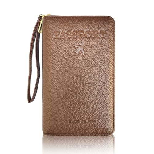 Passport Cover for Men & Women with Wrist Strap | Vegan Leather Travel Wallet & Passport Cover for Women, RFID Blocking Passport Wallet with Flight Travel Accessories Slots & Document Organizer - Tan