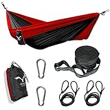 HAWK Outdoor Reise-Hängematte - Ultra-leicht - mit Befestigung mehrteilig baumschonend für Haus und Camping - 200kg Traglast - 260x140cm - rot/schwarz