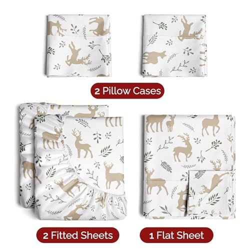 Split King Christmas Reindeer Sheet Set - Holiday Xmas Pattern Bedding Set - Deep Pockets - Snug Fit - 5 Piece - Wrinkle Free - Cooling Comfy Festive Winter Holiday Sheets for Women, Men, Kids & Teens