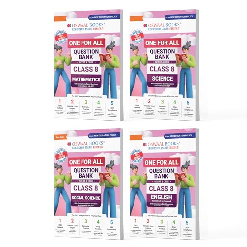 Oswaal One For All Question Banks NCERT & CBSE Class 8 (Set of 4 Books) Maths, Science, Social Science, And English (For Latest Exam)