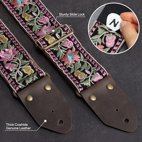 Nefelibata Guitar Strap,Jacquard Embroidery Cotton Guitar Straps with Crazy Horse Leather Ends for Bass Electric & Acoustic - Image 3