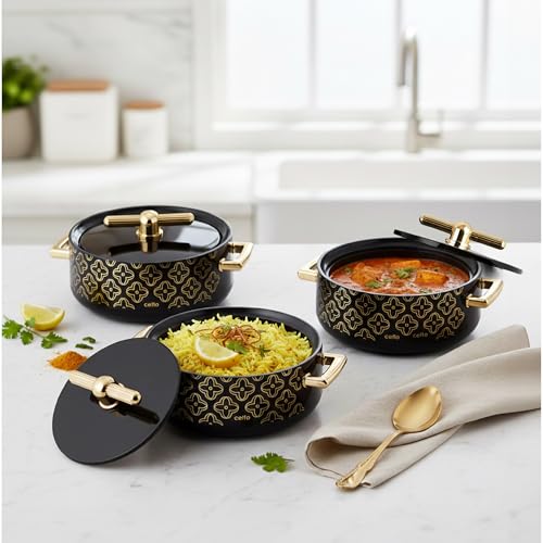 Image of CELLO Jewel NX Insulated Casserole Set of 3 Pcs (500ml, 1000ml, 1500ml) Black | Double Wall Insulated Hot Pot Case Keeps Food Hot & Warm For Long Hours, Casserole Hot Pot Set For Roti, Chapati, Rice