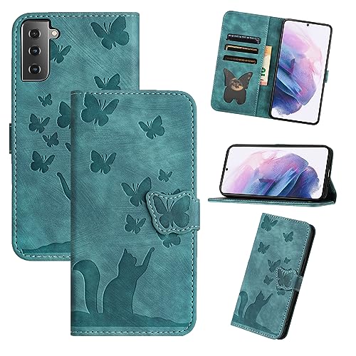 Refilerss Flip Case for Samsung Galaxy S21 5G 6.2 Inch PU Leather Wallet Case with Card Slot Magnetic Clasp Stand Function Cover Cat Butterfly Pattern - Green