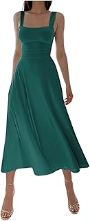 Vestido para mujer, color liso, correa de hombro gruesa, corte ajustado, cintura con cordones, falda casual