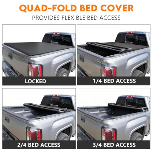 Image of RHOBRA Soft Quad-Fold Truck Bed Tonneau Cover Compatible with 2007-2026 Chevy Silverado /GMC Sierra 1500 5.8 ft Bed, 26.5oz Vinyl Soft Truck Bed Cover, Weather Resistant Bed Cover