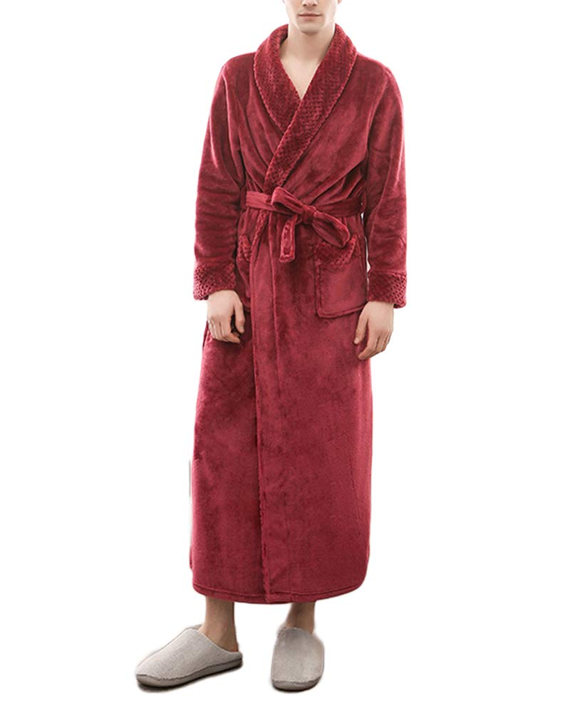 Daihan Women's Wine Red-Men Winter Flannel Dressing Gowns Long Bathrobes Cozy Loungewear Housecoat Full Length Nightwear Gown Robe With Pockets For Men & ,,Xxl-3Xl