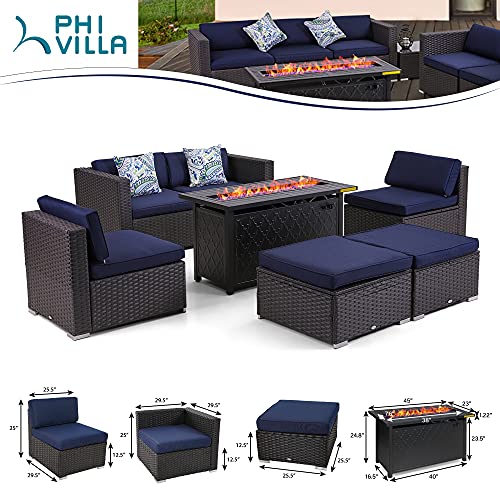 Phi Villa Patio Furniture Set 7 Pieces Outdoor Sectional Rattan Sofa Set With Gas Fire Pit Table, Pe Rattan Wicker Patio Conversation Set, Csa Approved Propane Fire Pit #TOP6