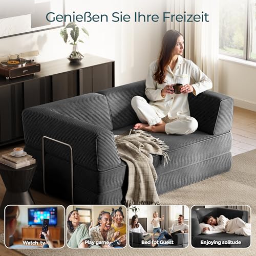LINSY HOME Schlafsofa - Bodensofa Bed mit Pillow Back Support Armrest - Schlafsofa Klappbar 160 cm Breit- Compressed Sofa in Box - Cord Stoff für Wohnzimmer Schlafzimmer - Schwarz