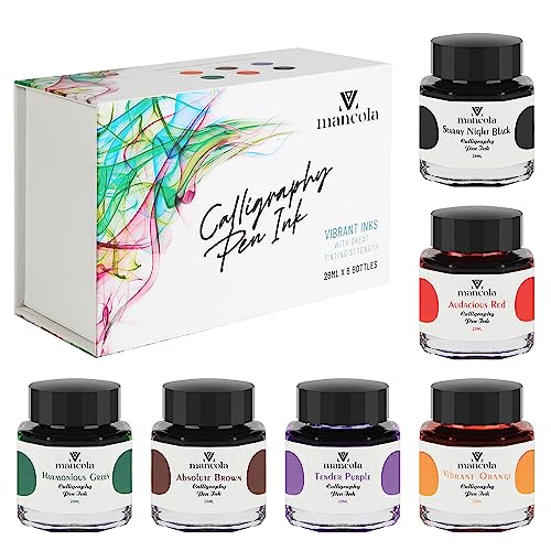 Mancola 6 Colors Calligraphy Pen Ink, Dip Pen Ink Set Non-Carbon Drawing Writing Art Craft Calligraphy Inks Bottles, 28ML x 6 Bottles