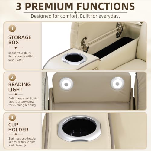 Image of Power Reclining Sectional Sofa Set, Beige Air Leather Recliner Couch with Wireless Charging, Reading Lights, Cup Holders, USB & Type-C Ports, Storage Console for Living Room Home Theater