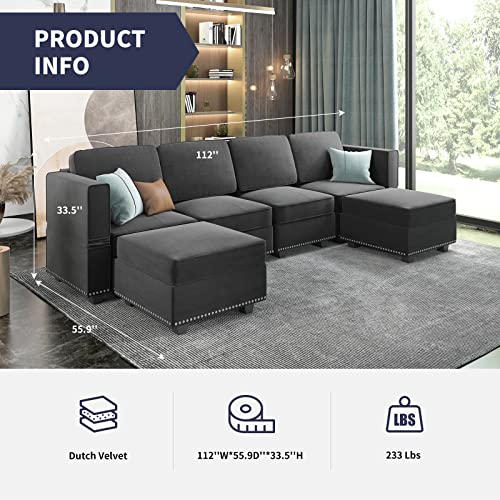 Zafly Modular Sectional Sofa, 4 Seat Couches With 2 Storage Ottoman, Free Combination U Shaped Couches/Queen Sleeper Sofa With Adjustable Backrest And Armrests (Dark Grey) #TOP5
