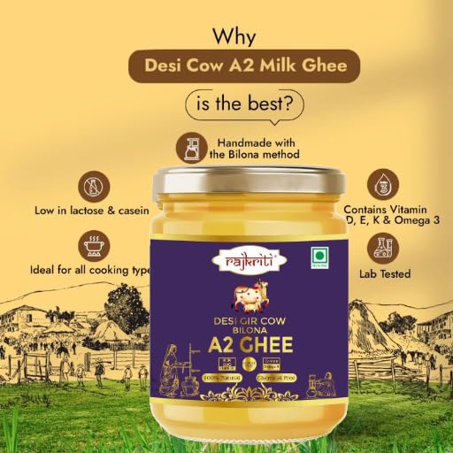 Image of Rajkriti A2 Gir Cow Desi Ghee 100ML | Bilona Method | Curd-Churned & Cultured |Pure, Natural & Danedar| Lactose-Free,Gluten-Free | Grass-Fed | Lab Tested | Immunity Booster -Pack of 1