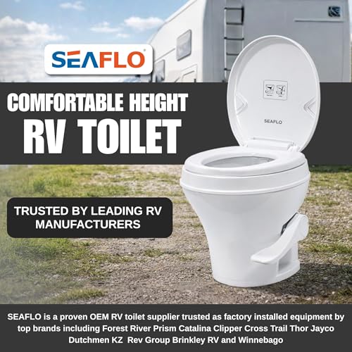 Image of SEAFLO RV Toilet, Residential Height 18.4 inch, Gravity Flush Foot Pedal, Soft Close Seat, Camper Toilet for RV Motorhome Travel Trailer, White, SFRTPH-01-01, 4-Year Warranty