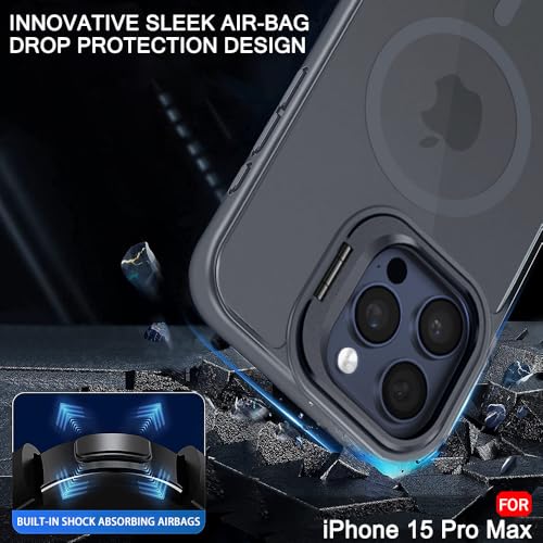 Image of TheGiftKart Hybrid Matte Frosted Back Cover Case for iPhone 15 Pro MAX Compatible with MagSafe | Built-in Stand | Shockproof Hard Case Cover for iPhone 15 Pro MAX (PC & TPU, Translucent Grey)