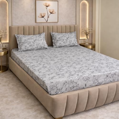 Image of THEA Elastic Fitted Double Bedsheet Set| 100% Cotton Like Soft Fabric | Double Bedsheet for Double Bed (72 X 78 x 6 inches) with 2 Pillow covers,Silver Grove