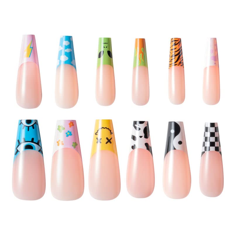 Xqumoi 24Pcs Mix Match Press on Nails Long Coffin Fake Nails Smile Flowers Yin Yang Checkered Flame Cow Printed Nail Tips French Y2k Funky Retro Kidcore Aesthetic False Nails with Glue for Women Girls