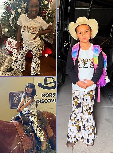 Image of Toddler Girl Cow Bell Outfits - Print T-shirt Flare Pants Bottom Short Sleeve Peace Love Letter Top Tie Dye Clothes