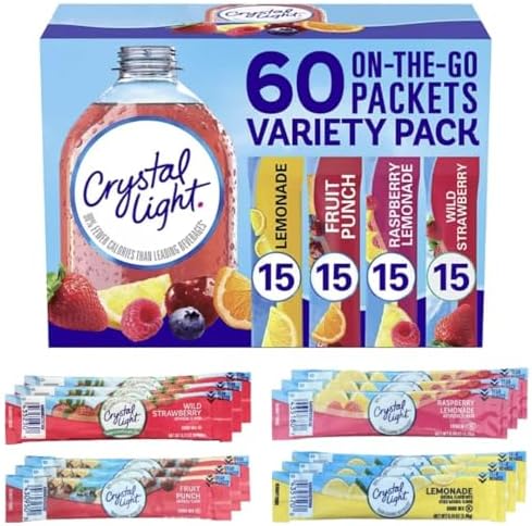 Crystal Light Sugar-Free, Lemonade, Fruit Punch, Raspberry Lemonade and Wild Strawberry On-The-Go Powdered Drink Singles Mix Variety Pack, 60 Count, Each Packet Dissolves into any 16.9 oz. by TOOZOON