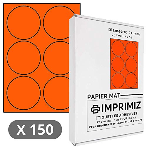 150 etiquetas autoadhesivas naranja fluorescente - Círculo/Redondo - Diámetro 94 mm - 6 etiquetas/hoja - 25 hojas de papel adhesivo A4 - para impresión láser y de inyección de tinta