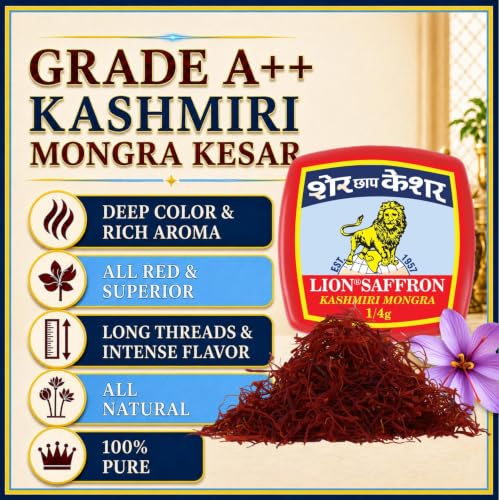 Image of LION BRAND SAFFRON 0.25G, Pure Kashmiri Mongra Kesar Value Pack Grade A++ For Pregnant Women, Pooja, Biryani, Tilak, Milk And Skin (0.25Grams)