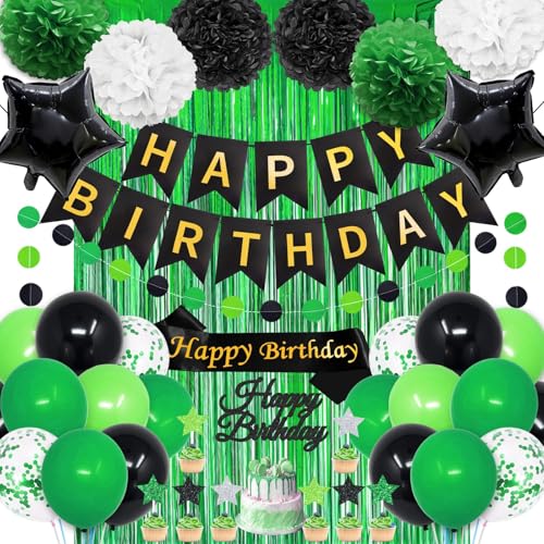 Green and Black Birthday Decorations 50PCS Happy Birthday Decorations for Men with Banner Balloons Sash Foil Fringe Curtain Paper Pompoms Green Party Decoration Party Supplies for Mens Boys Kids