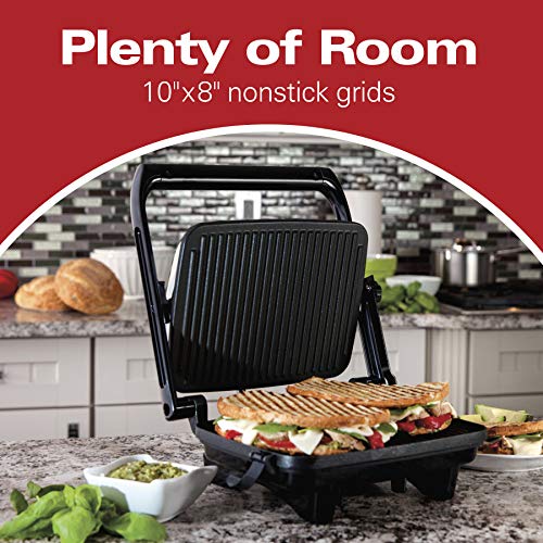 Hamilton Beach Electric Panini Press Grill With Locking Lid, Opens 180 Degrees For Any Sandwich Thickness (25460A) Nonstick 8" X 10" Grids Chrome Finish, Medium #TOP3