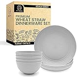 Miizula Premium 8 Pcs Light Gray Wheat Straw Plastic Dinnerware Sets - Unbreakable Reusable Wheat St