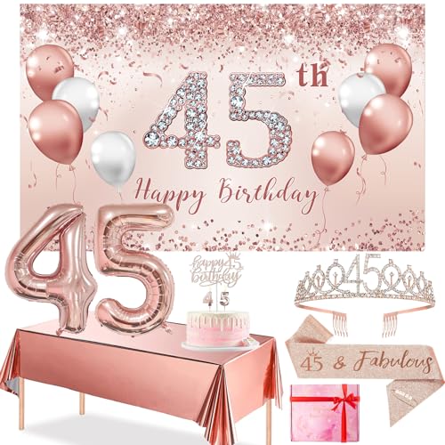 Trgowaul 45th Birthday Decorations Party Set for Women, Rose Gold 45 Birthday Banner and Tablecloth, 45 & Fabulous Sash and Tiara, 1PC Happy 45th Birthday Cake Topper, Pink Gold 45 Number Balloons
