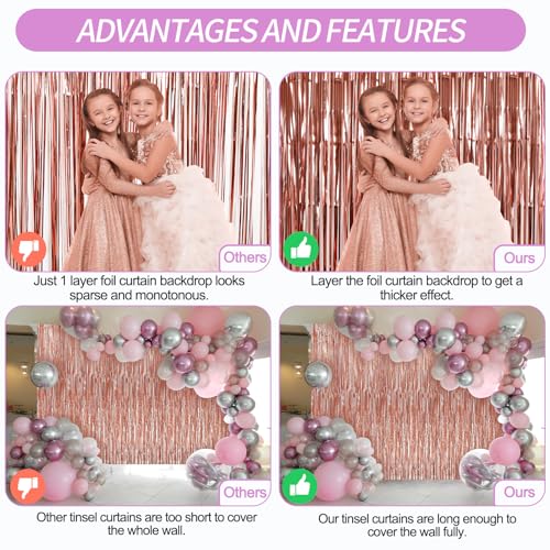 Image of 2 Pack Rose Gold Foil Fringe Curtains Streamers Party Decorations 3.3 x 8.2 ft, Tinsel Curtain Fringe Backdrop for Parties, Door Fringe Birthday Streamers, Photo Booth Backdrops, Party Decor