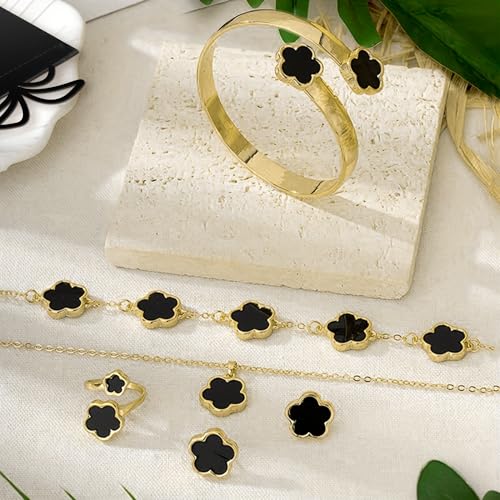 Lucky Flower Alloy Jewelry, Lucky Flower Design Necklace Earrings Bracelet Bangle Ring Jewelry Set, Clover Gold Plated Chain Wrap Ornament & Plush Pouch for Women4