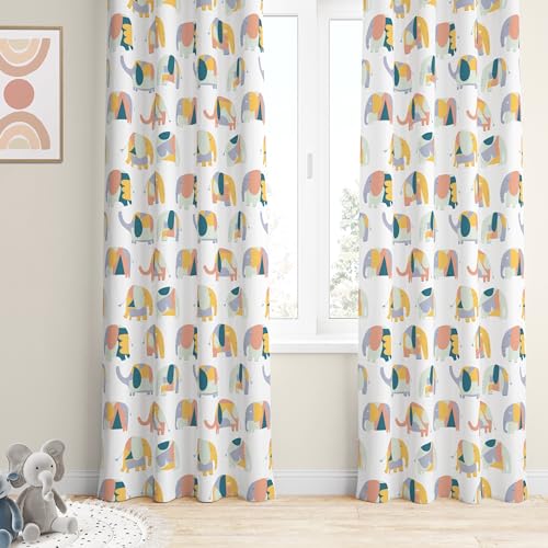 Image of Tranquebar Curtain Co. Kids Room Curtain, Cotton Curtains, 60-65% Room Darkening, Multicolor Elephant Print, Window Curtains 5 Feet, BackTab Loops, Design APU (152 cm) - Set of 2