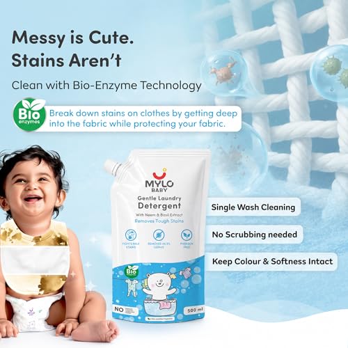 Image of Mylo Baby Detergent Liquid For Clothes | Anti - Bacterial | No Harmful Chemicals, No Allergens & No Artificial Colours (500 ml (Pack of 1))
