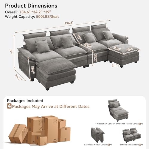 Image of 134'' Cloud Modern 4 Seater Couch with Detachable Headrest, Modular Sectional Sofa with 2 Ottoman, Oversized U Shape Chenille Comfy Sofa with Armrests for Living Room, Light Grey