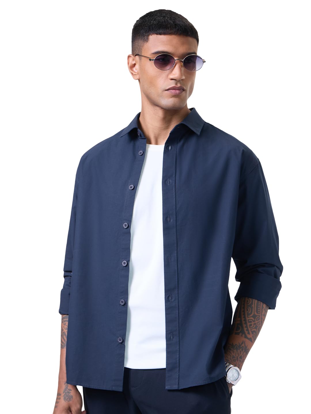 the souled store Midnight Silk Men and Boys Long Sleeve Spread Collar Navy Blue Solid Easy to Style Everyday Office Wear Stylish Casual Cotton Relaxed Shirt-picture-14