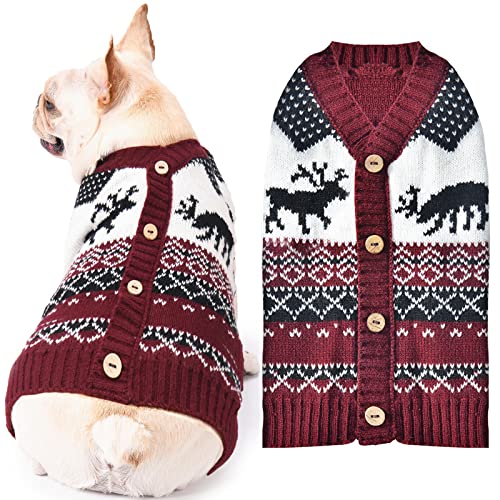ABRRLO Dog Christmas Jumpers XS Small V Neck Puppy Xmas Jumper Cute Elk Red Doggy Cat Christmas Sweater Knitted Outfits for Small Medium Large Dogs (Wine Red Reindeer,XXL)