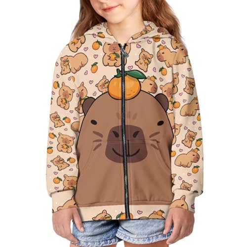 WELLFLYHOM Capybara Zipper Hoodies for Kids Size 11-13 Girls Full Zip Sweatshirt Orange Athletic Jacket Long Sleeve Novelty Fashion Sweater Shirt with Kangaroo Pocket
