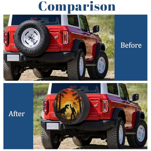 Image of Bigfoot Dinosaur American Flag Spare Tire Cover Wheel Covers Protectors Waterproof Dust-Proof Universal Fit Trailer, RV, SUV and Many Vehicle 14 Inch,C-08
