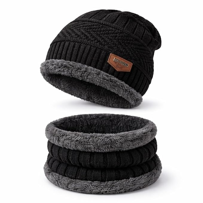 Winter Knitted Beanie and Neck Scarf Set, Black, Fleece Lined-image-17