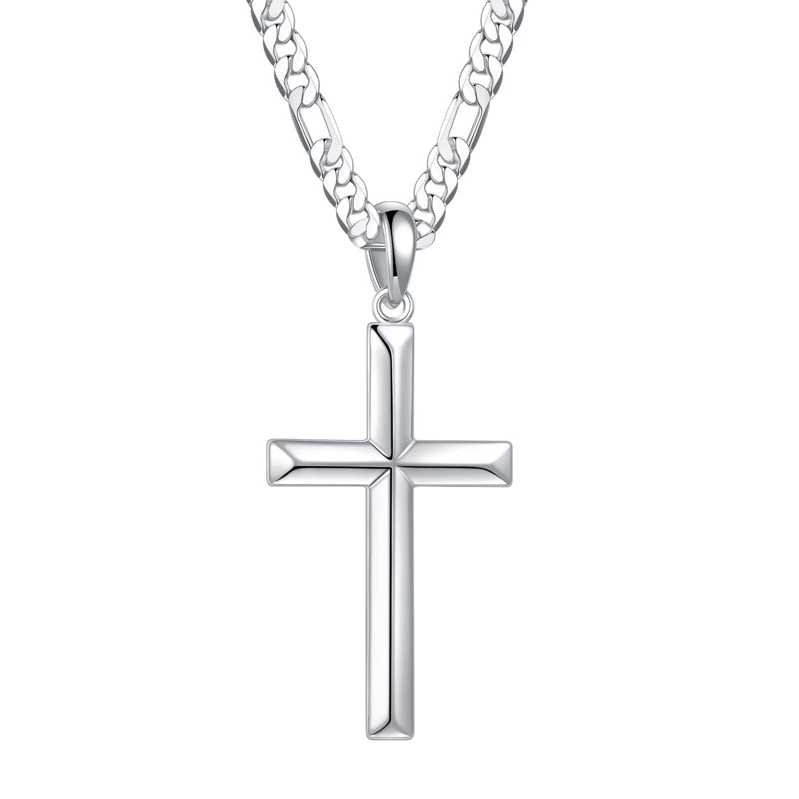UrsteelS925 Sterling Silver Cross Pendant Cross Necklace for Men, Mens Cross Necklace 18K Gold Plated Silver Black Figaro Chain Necklace for Men Women Girls 16 18 20 22 24 Inch Cross Necklace