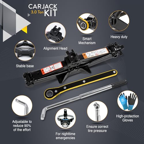 Image of Car Jack Kit 3 Ton (6,600 lbs) | Scissor Jack for Car - Tire Jack Tool Kit | Portable, Ideal for SUV and Auto - Universal Kit with Lug Wrench | Heavy Duty Material