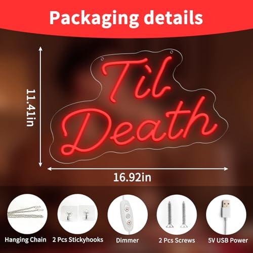 KATMBFUE Til Death Wedding Neon Sign, USB Powered Neon Signs with Dimmer and Sticky Hook, Hanging LED Light Sign Valentines Day Decorations, Home Decor for Bedroom Party Wall 16.93 x 11.42 inch — view 4