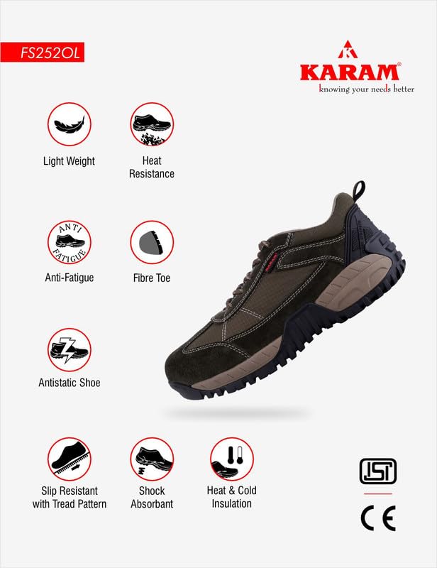 Image of Karam FS252OL Safety Shoes for Men | FALKON Olive Green Safety Shoes | Slip Resistant | Fibre Toe Cap Safety Shoes for Industries | Lightweight | Stylish Industrial Shoes for Men | FS252OL(FWDAMZ) |