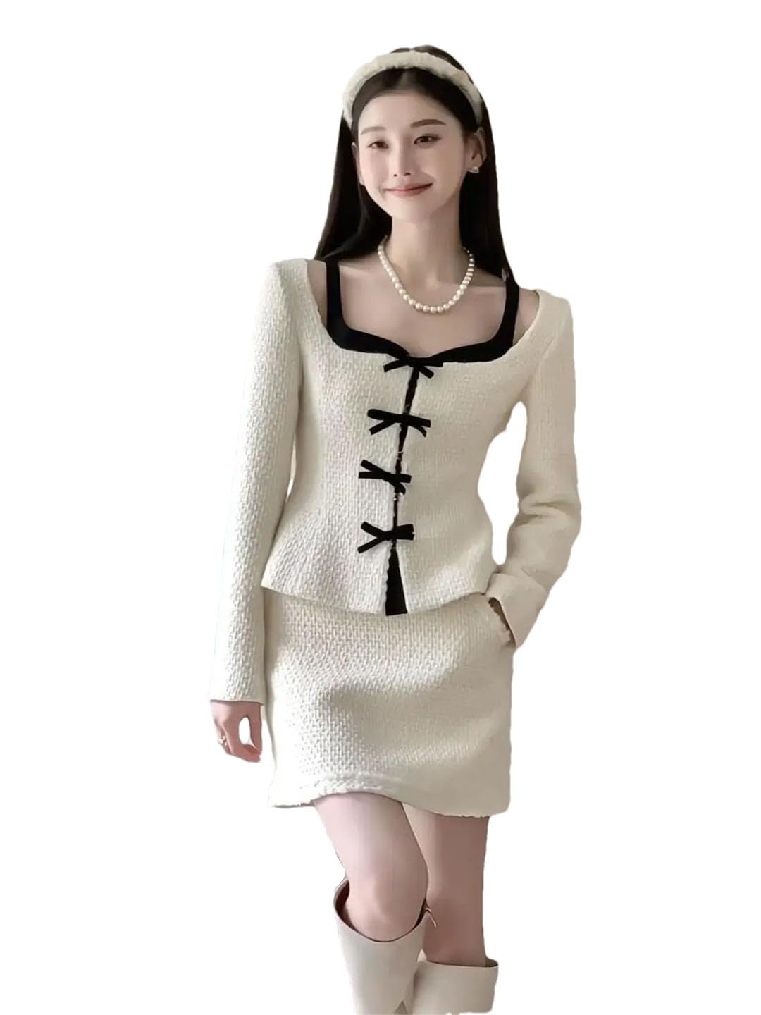 Womens Elegant Two Piece Set Faux Layered Bow Blazer Mini Skirt Suit