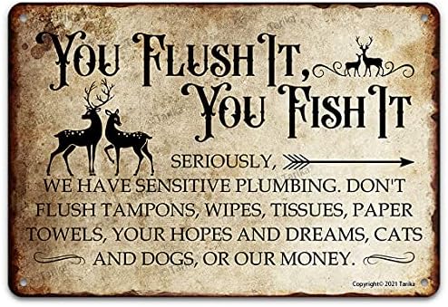 Vintage Metal Tin Sign Wall Plaque, You Flush It You Fish It, Outdoor Street Garage Home Bar Club Wall Decor 12x8 Inch