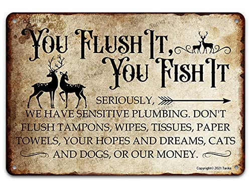 Vintage Metal Tin Sign Wall Plaque, You Flush It You Fish It, Outdoor Street Garage Home Bar Club Wall Decor 12X8 Inch #TOP2