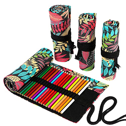 DIYOMR 24/36/72 Slots Lápis Envoltório Rolos De Lápis, Artista Lápis De Cor Roll Up Bag Pincéis Curtos Bolsa Estojo Lápis Organizador Para Desenho Colorir E Esboçar (Folhas Coloridas, 72 Slots)