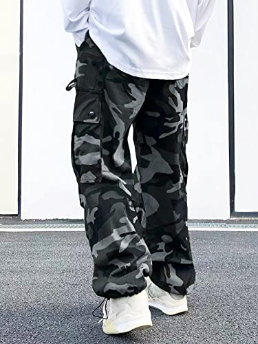 WDIRARA Men's Camo Print Drawstring Flap Pocket Side High Waist Cargo Pants2